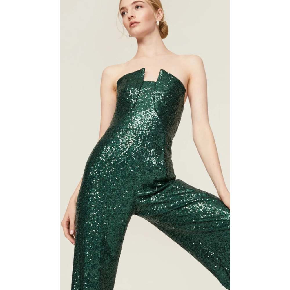 Black Halo Lena Rare Green Sequin Jumpsuit - Picture 5 of 13